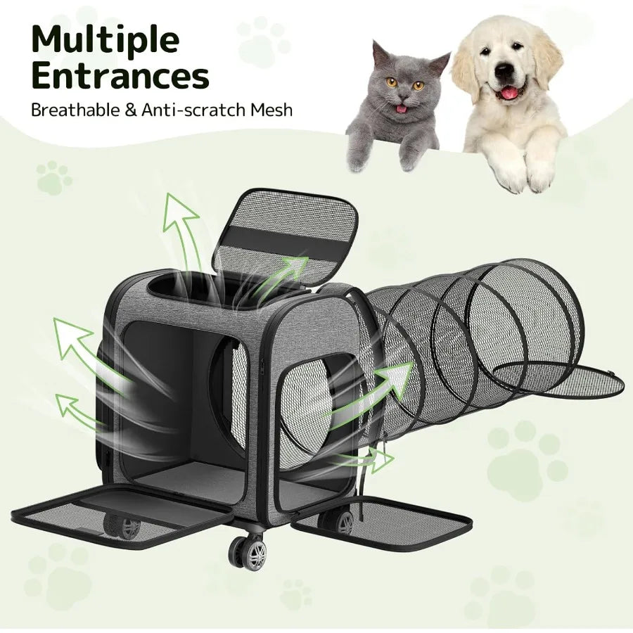 Rolling Cat Carrier With Wheels Expandable Tunnel Design