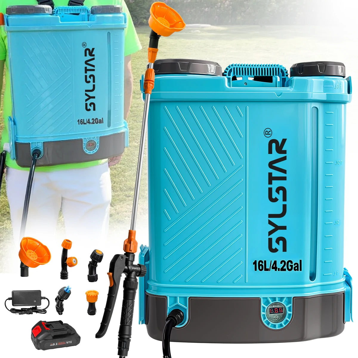 SYLSTAR Battery Powered Backpack Sprayer With 100 PSI 5 Nozzles