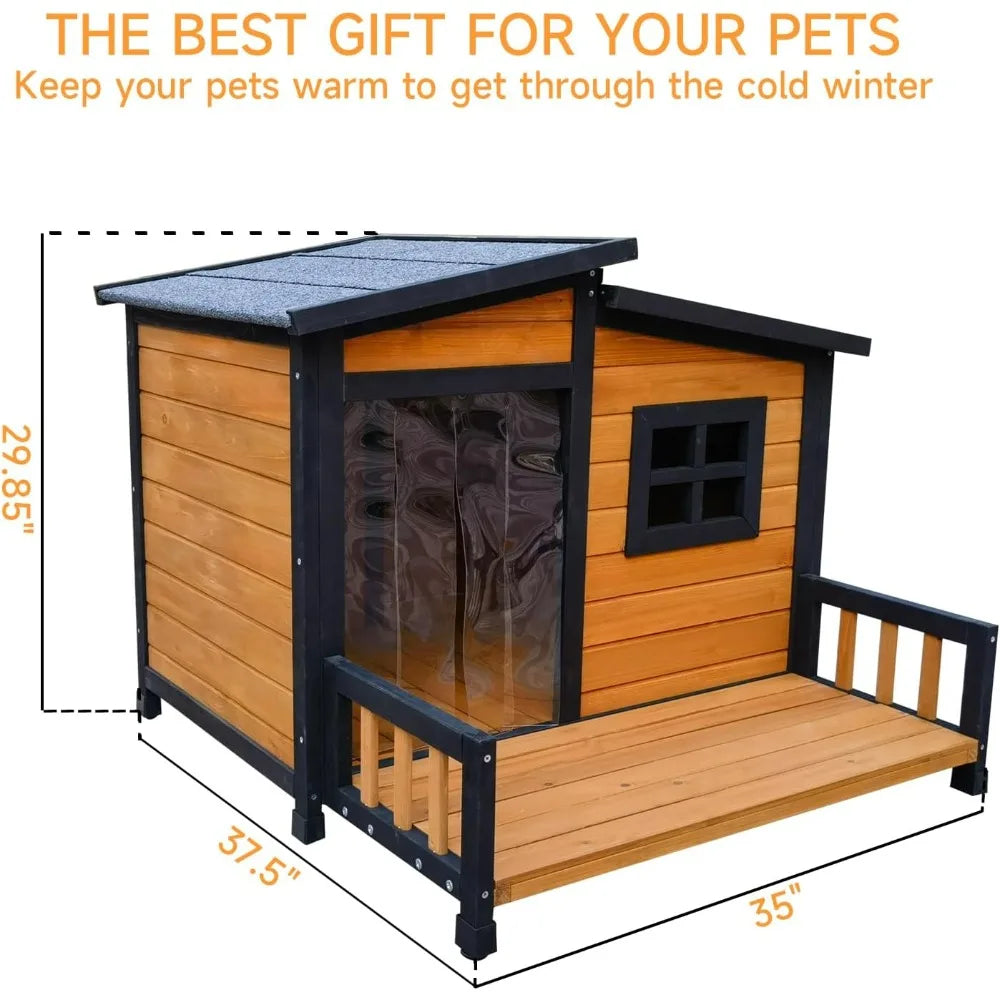 Wood Insulated Dog House With Weatherproof Shelter And Elevated Platform