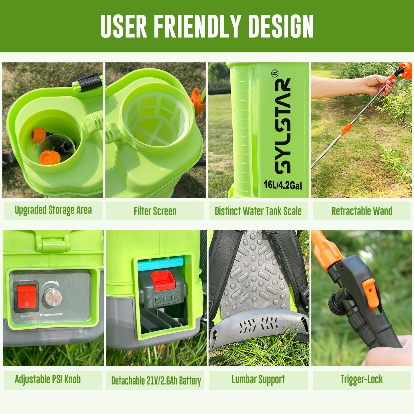 SYLSTAR Battery Powered Backpack Sprayer With 100 PSI 5 Nozzles