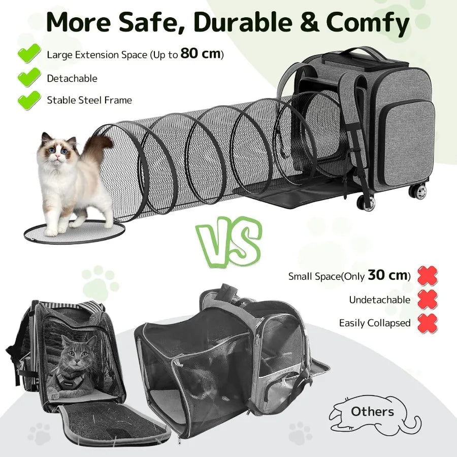 Rolling Cat Carrier With Wheels Expandable Tunnel Design