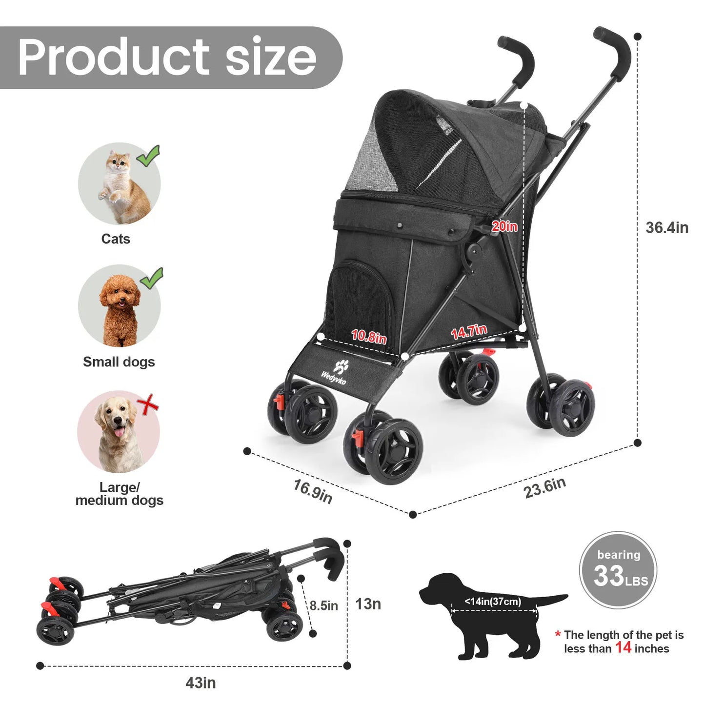 Wedyvko Pet Dog Stroller 4 Wheel Puppy Travel with Brakes
