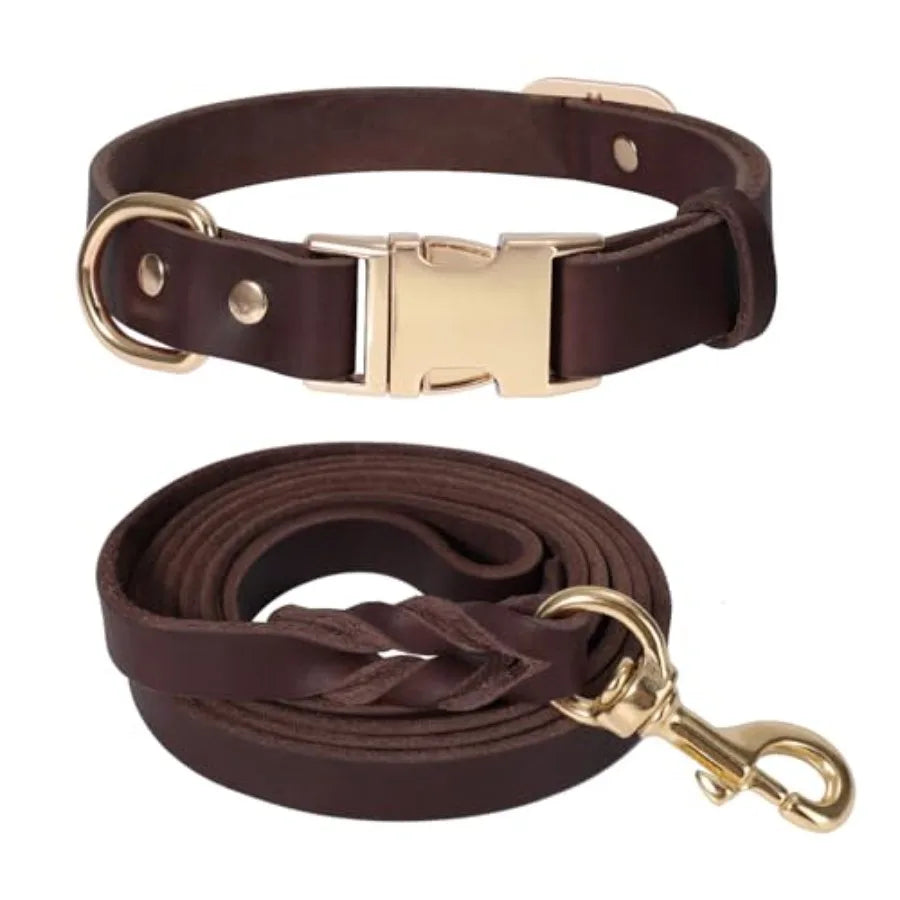 Heavy Duty Leather Dog Collar Leash Set With Metal Buckle