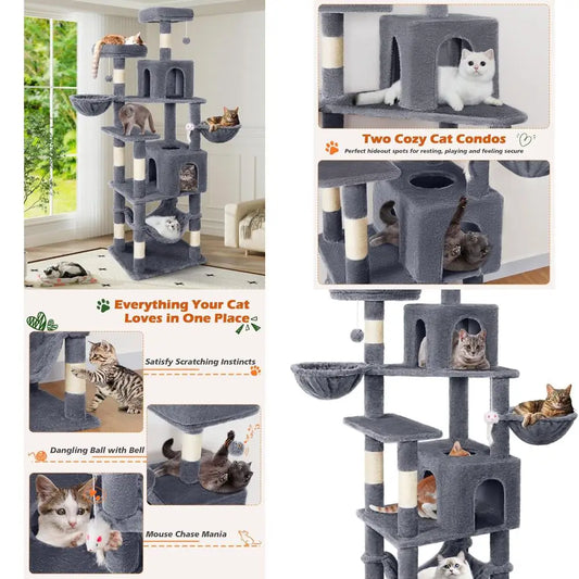 Indoor Cat Tower With Multi Level Platforms Scratching Post Hammock