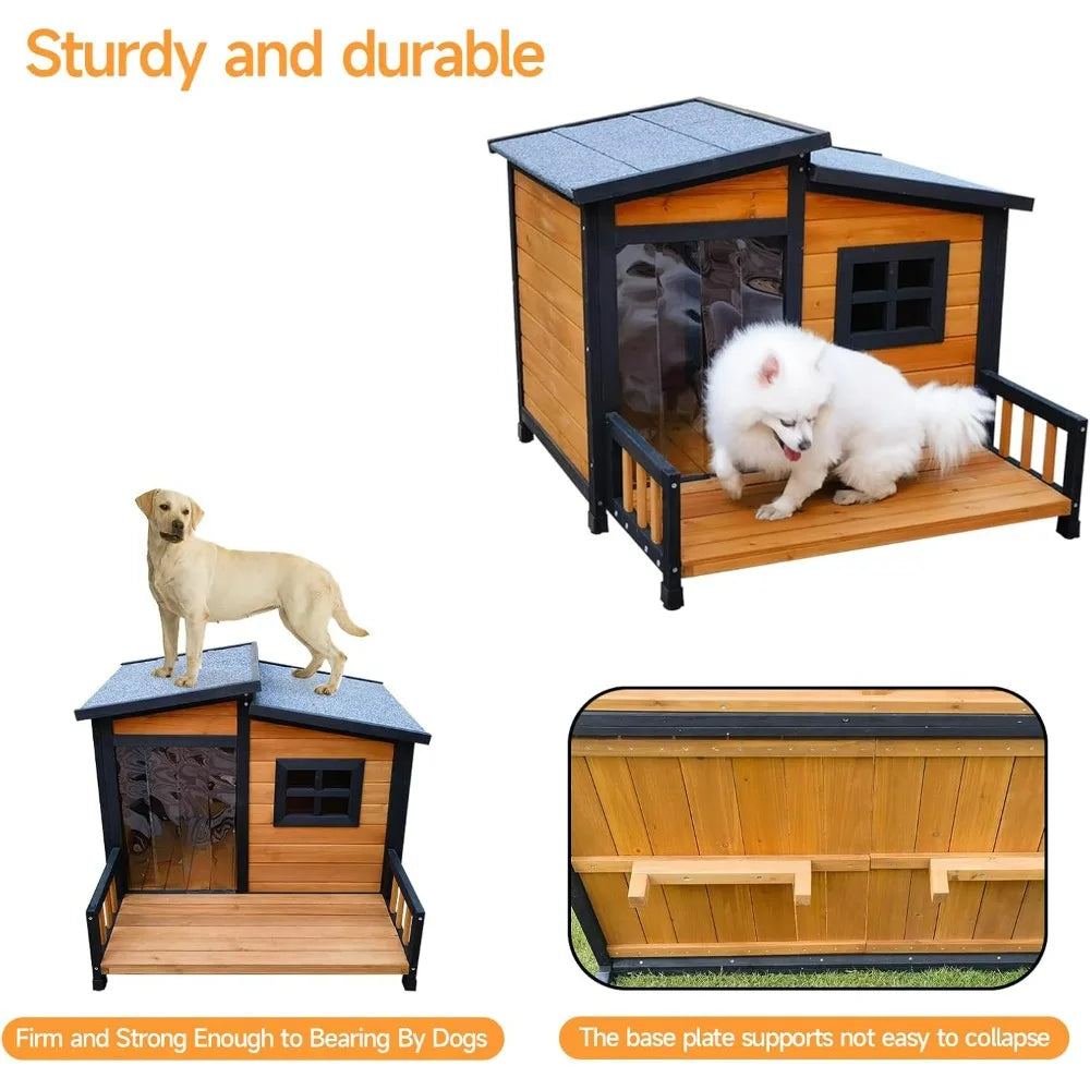 Wood Insulated Dog House With Weatherproof Shelter And Elevated Platform