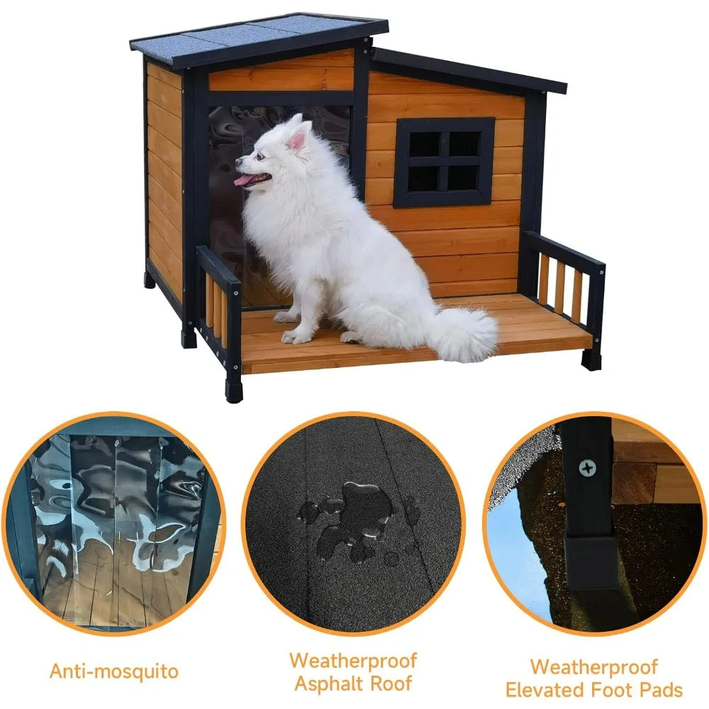 Wood Insulated Dog House With Weatherproof Shelter And Elevated Platform