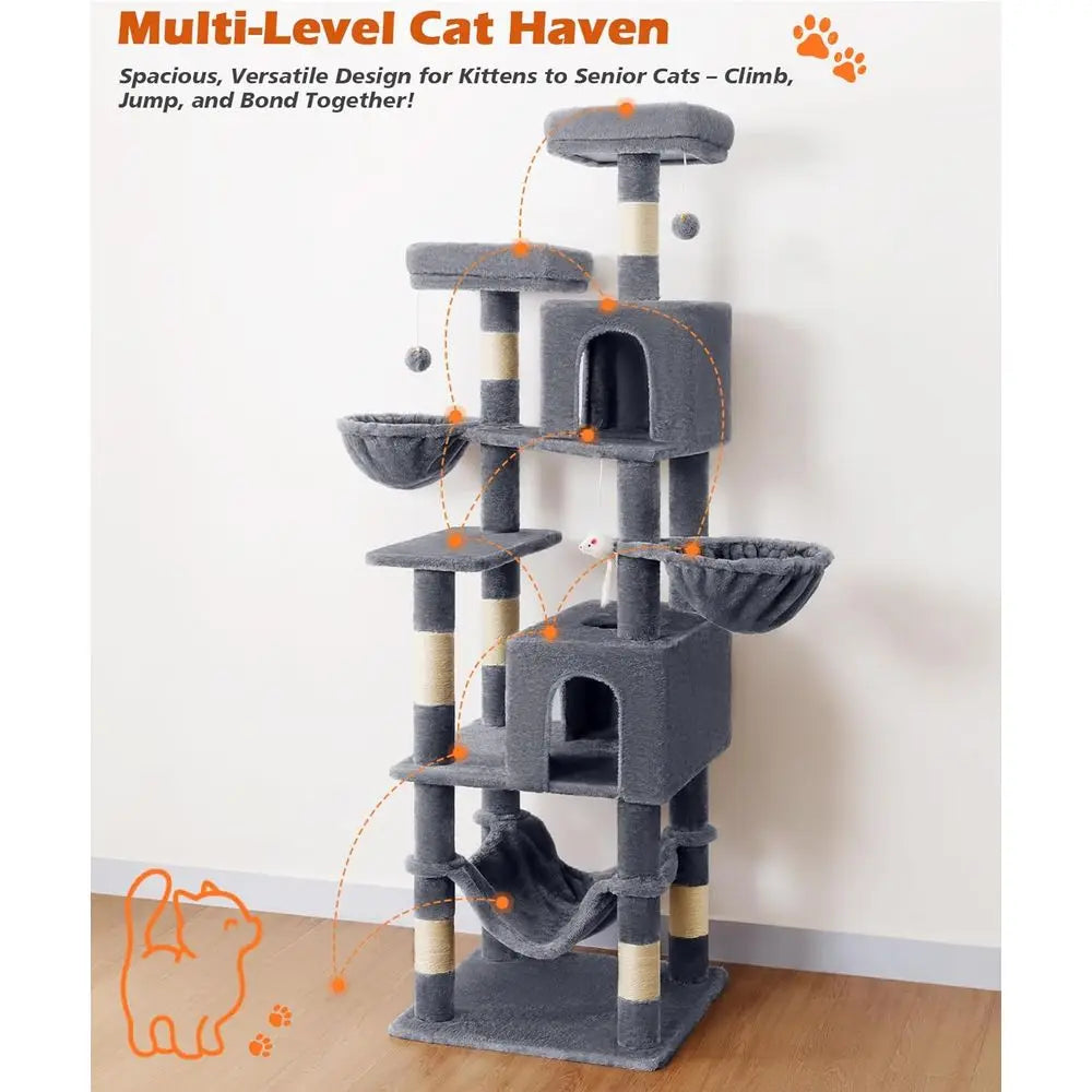 Indoor Cat Tower With Multi Level Platforms Scratching Post Hammock