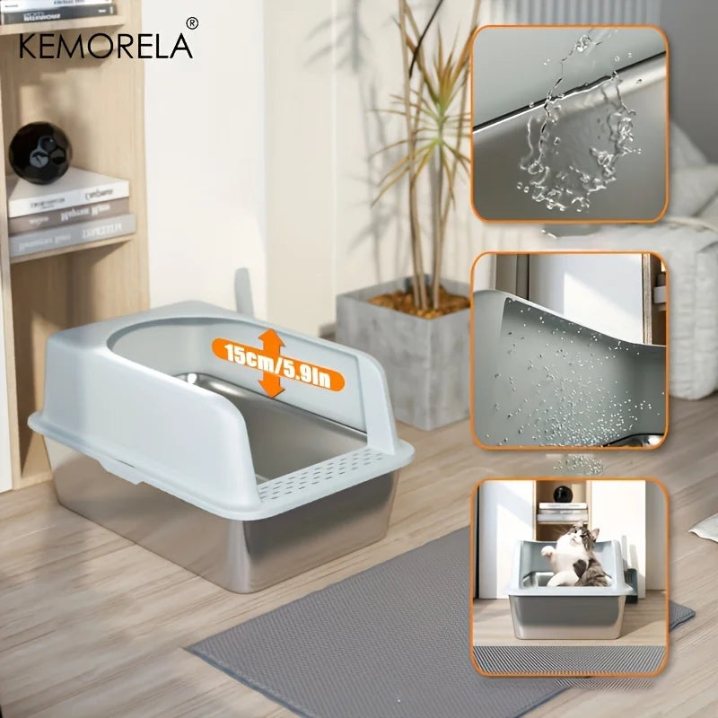 Stainless Steel Litter Box With Mat Lid High Side Spoon