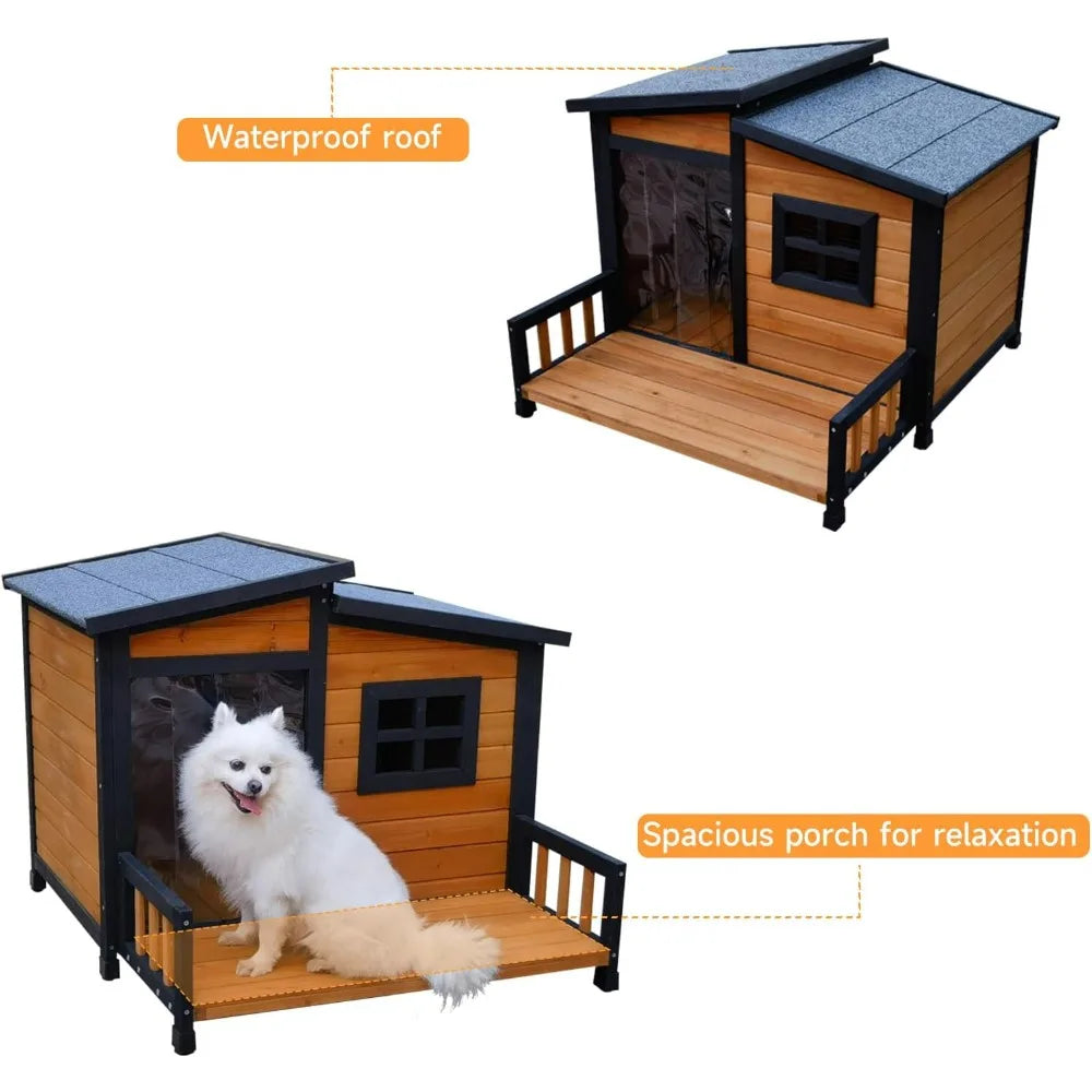 Wood Insulated Dog House With Weatherproof Shelter And Elevated Platform