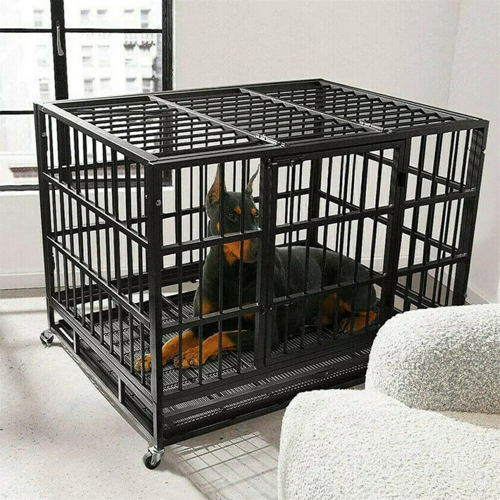 BINGOPA Heavy Duty Dog Crate With Lockable Wheels And Doors