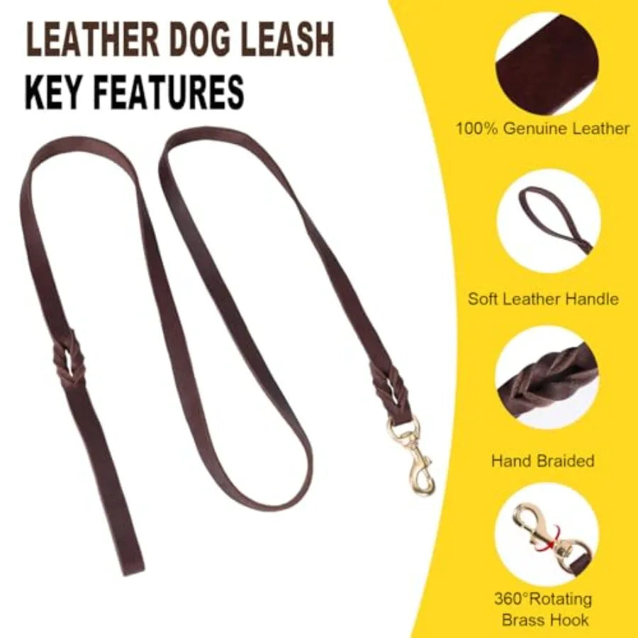 Heavy Duty Leather Dog Collar Leash Set With Metal Buckle