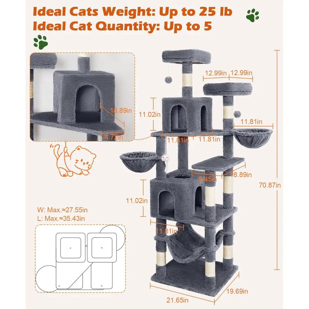 Indoor Cat Tower With Multi Level Platforms Scratching Post Hammock
