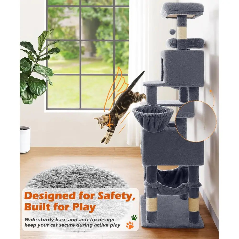 Indoor Cat Tower With Multi Level Platforms Scratching Post Hammock