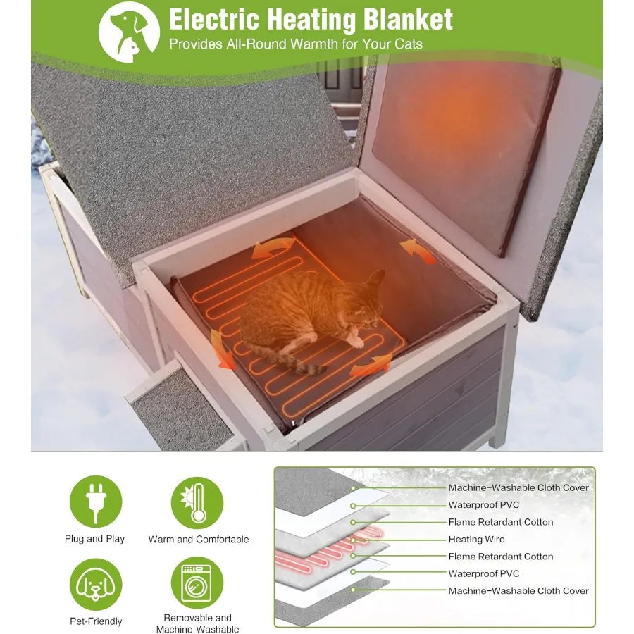 NONECN Heated Outdoor Cat House With Insulated Electric Heating Mat