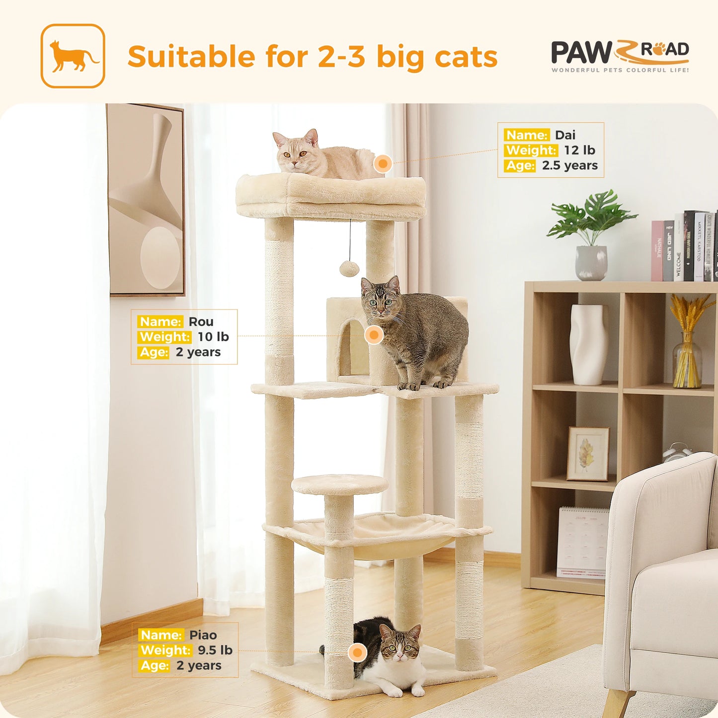 PAWZ Road Cat Tree Indoor 5-Level Tower With Hammock And Scratching Posts