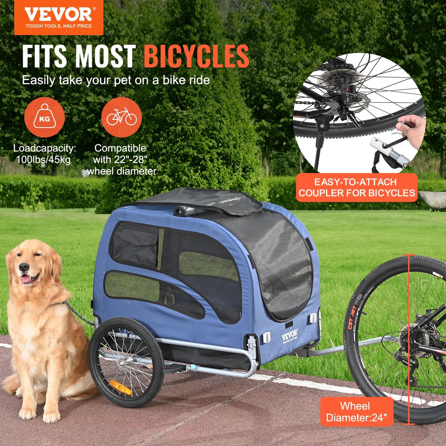 Pet Bike Trailer Carrier For Dogs 100 Lb Capacity Collapsible