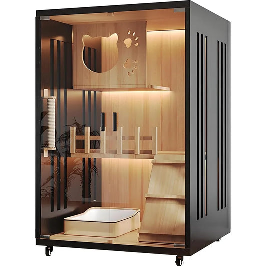Modern Cat House Indoor Villa Wooden Cattery Enclosure With Lockable Wheels
