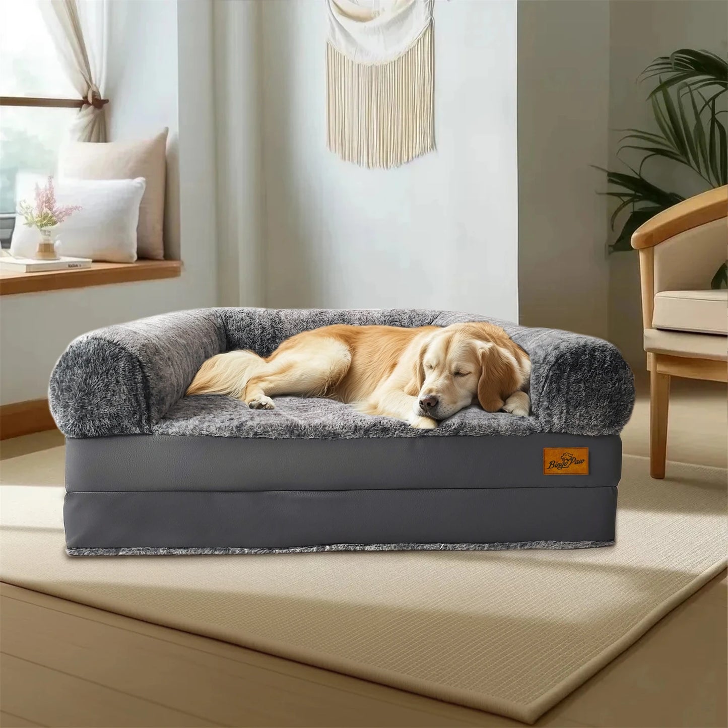 BINGOPAWCN Foldable Orthopedic Dog Bed With Plush Cushion And Bolster