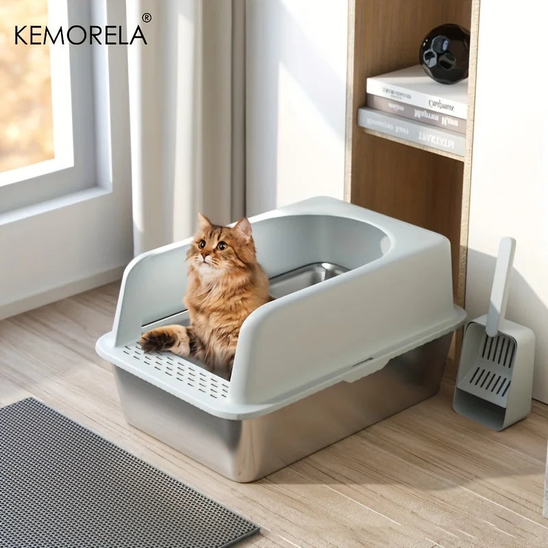 Stainless Steel Litter Box With Mat High Lid For Cats