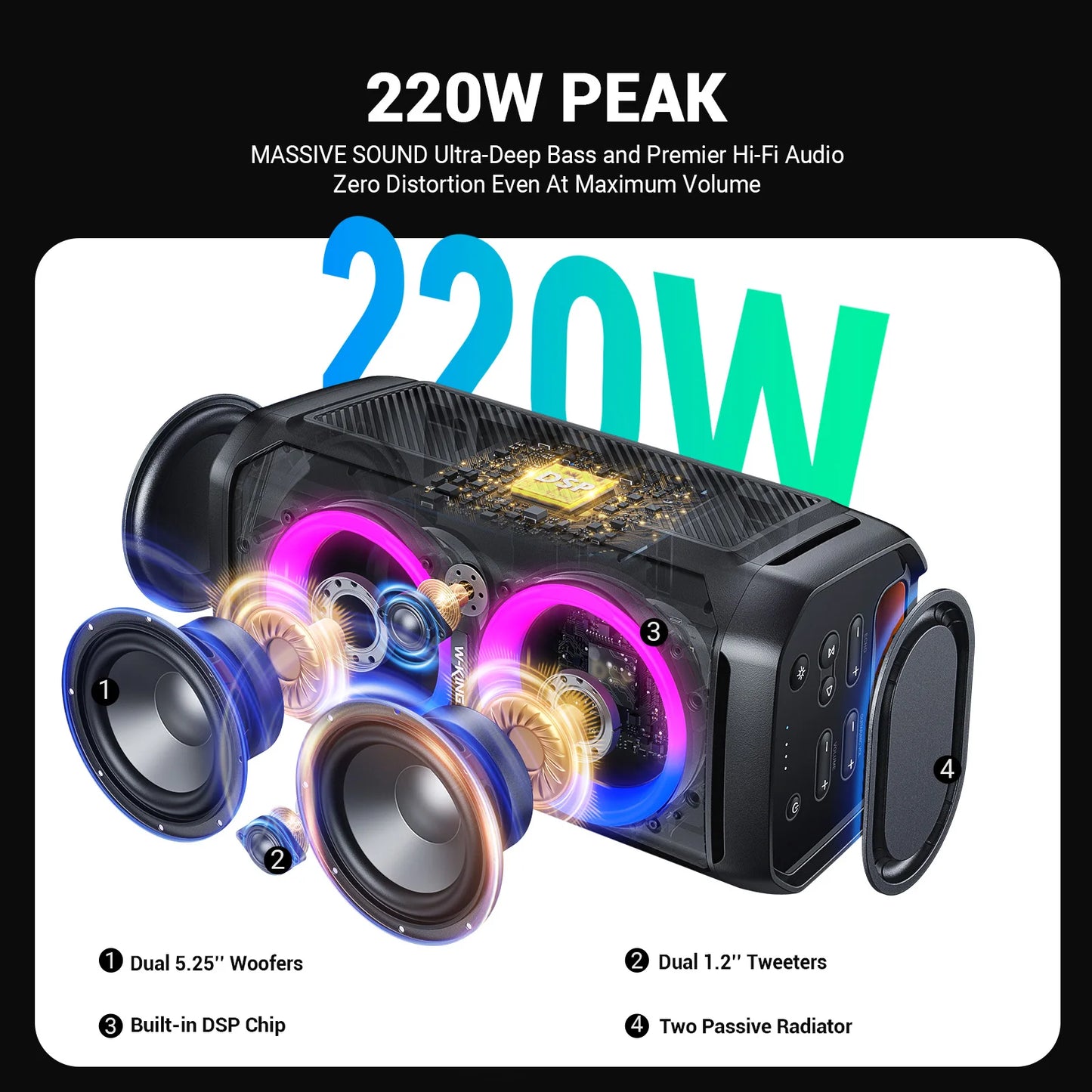 W-King 100W RMS Bluetooth Speaker IPX6 Waterproof Deep Bass